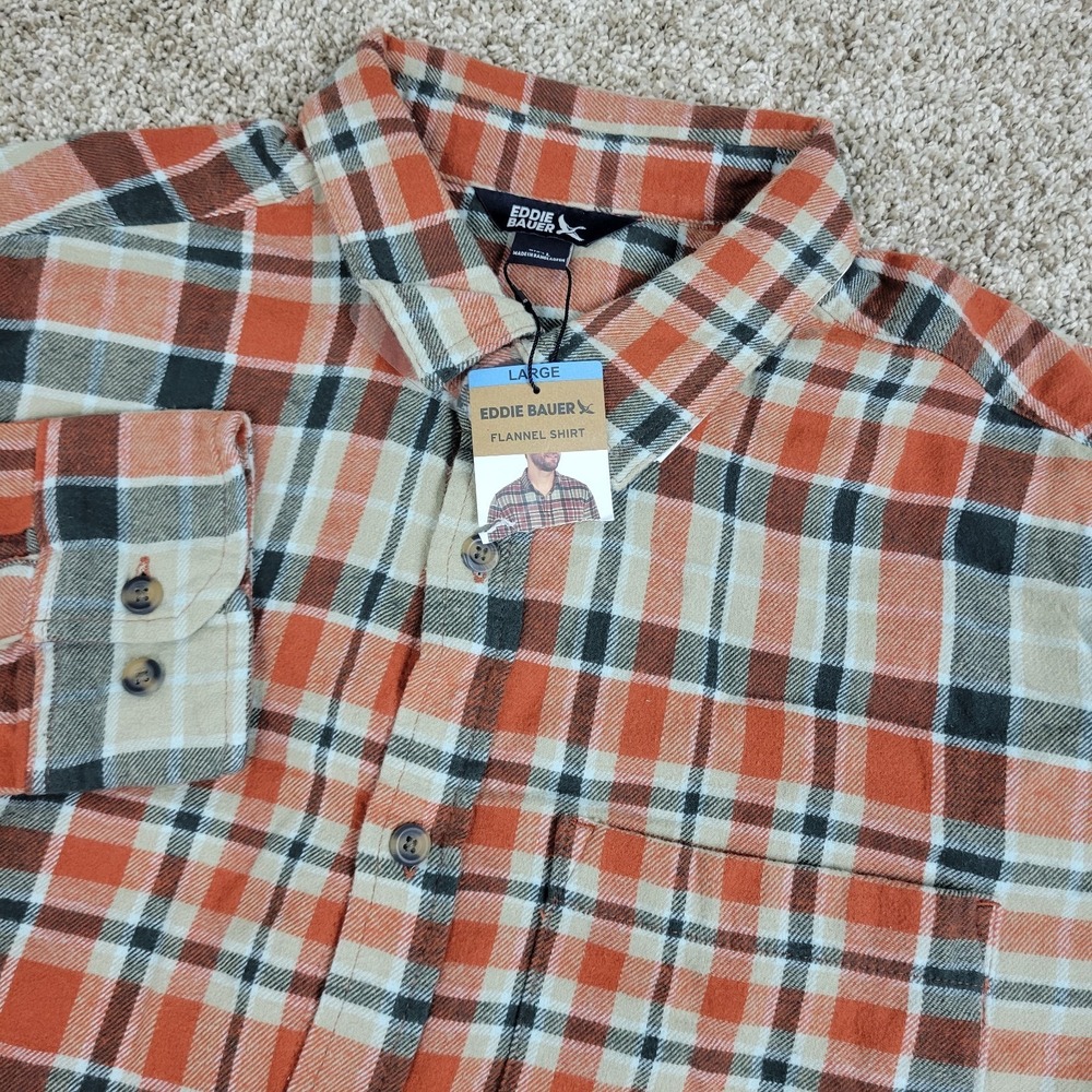 NWT Eddie Bauer Mens Large Red Blue Plaid Button Up Long Sleeve Flannel